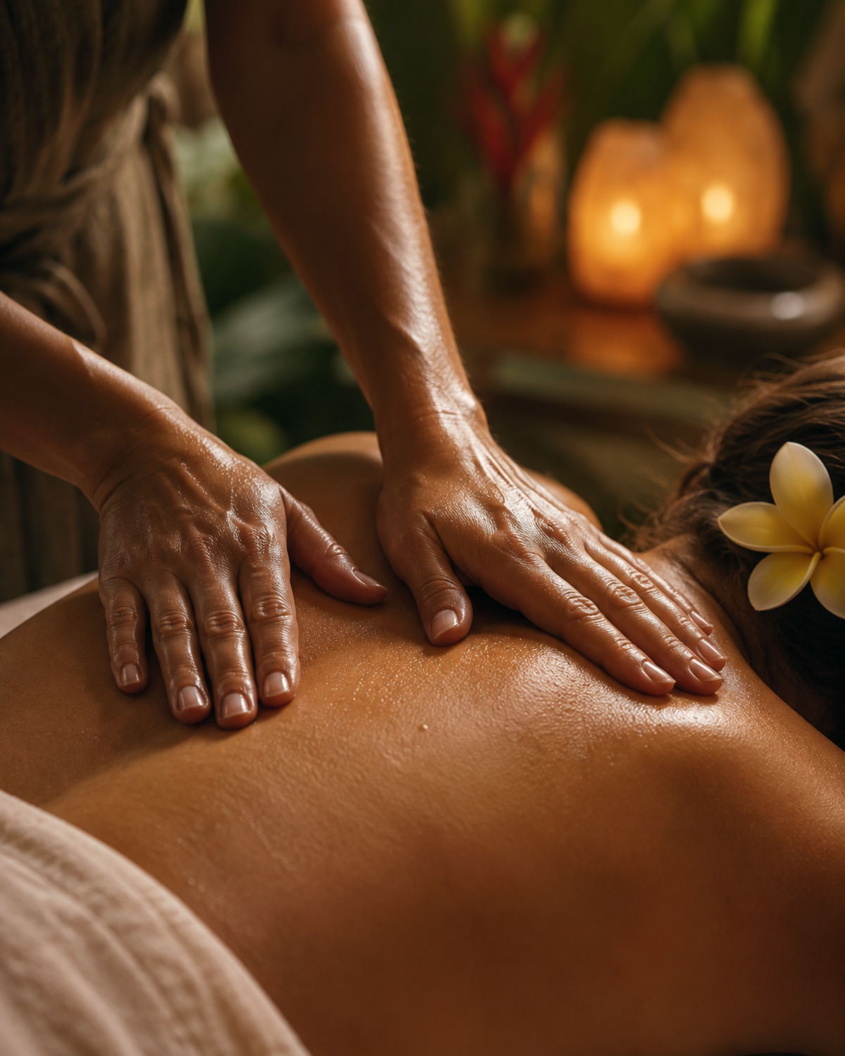 A massage therapist's hands working across a client's upper back by candlelight, a plumeria blossom in the client's hair