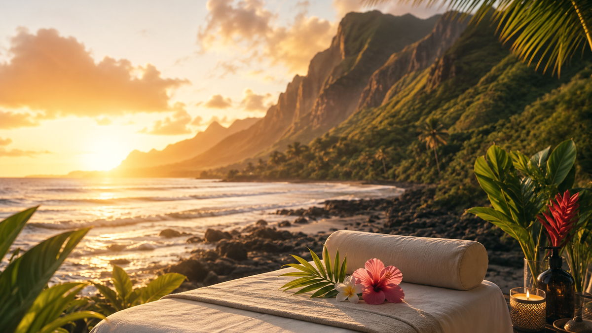 Massage table dressed in cream linens on the Kauai shoreline at sunset, with green cliffs rising behind the bay