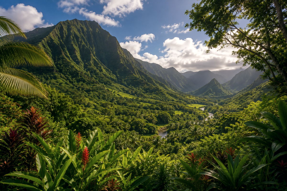 A deep green Kauai valley with ridgelines and a river winding through the forest in late afternoon light