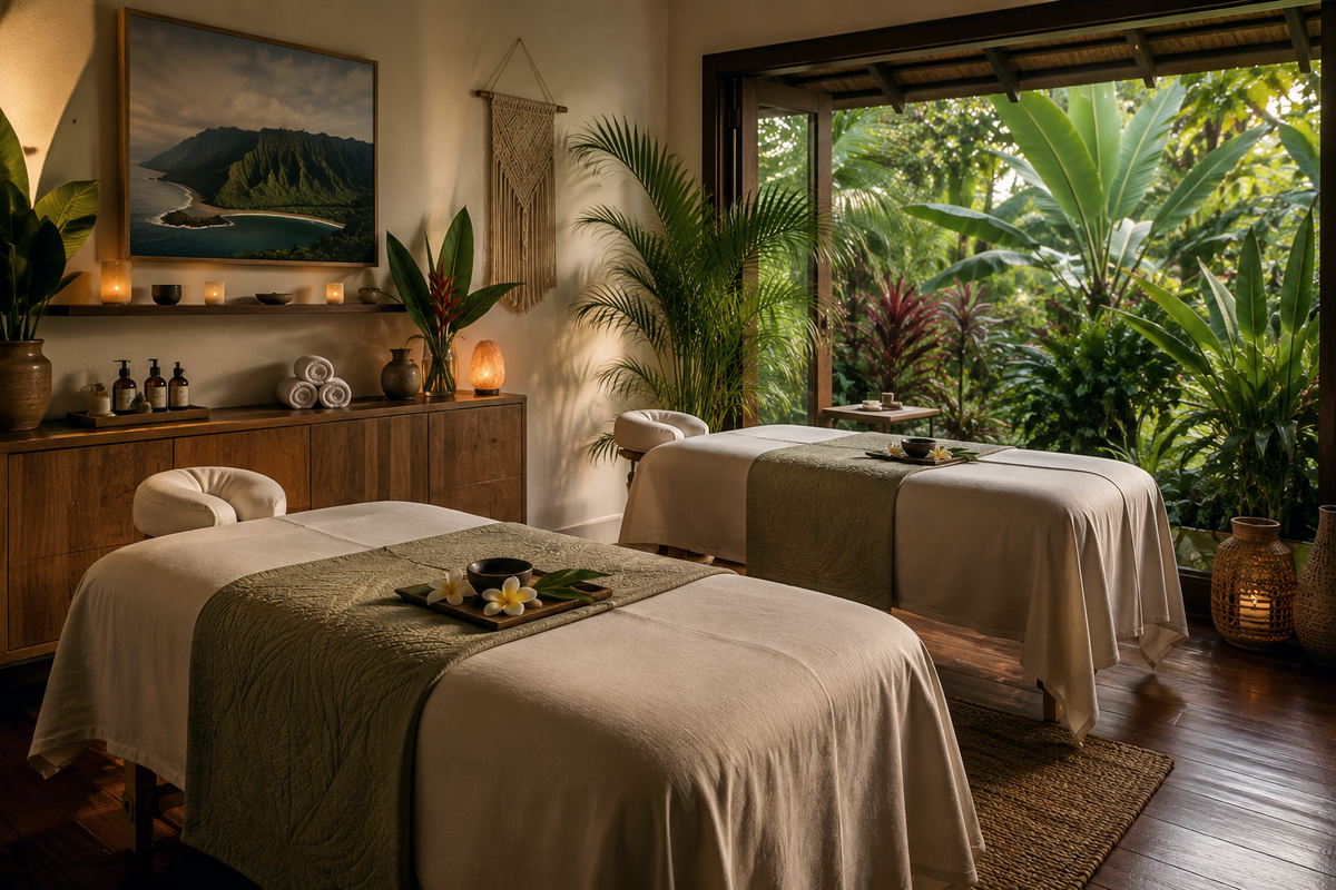 Treatment room with two dressed massage tables, warm lamplight and folding doors open onto a tropical garden